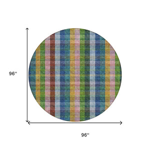 HomeRoots 5' Timeless Navy Blue Pink and Sage Plaid Washable Area Rug for Indoor or Outdoor Durability & Style 8' Round 613977