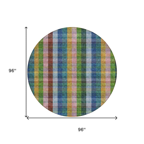 HomeRoots 5' Timeless Navy Blue Pink and Sage Plaid Washable Area Rug for Indoor or Outdoor Durability & Style 8' Round 613977