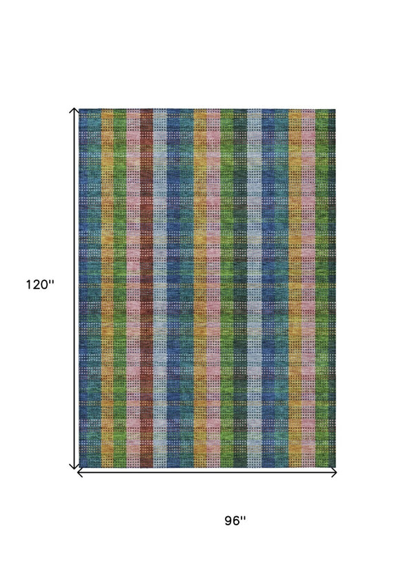 HomeRoots 5' Timeless Navy Blue Pink and Sage Plaid Washable Area Rug for Indoor or Outdoor Durability & Style 8' X 10' 613978