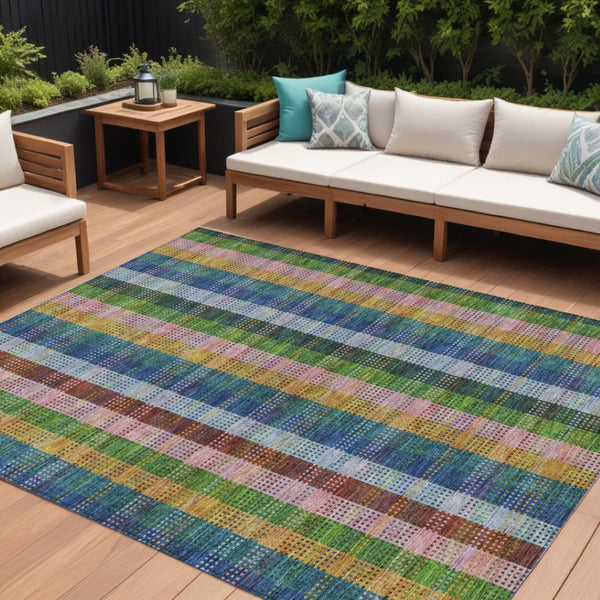 HomeRoots 5' Timeless Navy Blue Pink and Sage Plaid Washable Area Rug for Indoor or Outdoor Durability & Style 8' X 10' 613978
