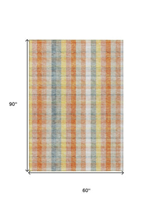 HomeRoots 5' Cozy Peach Ivory and Orange Plaid Area Rug - Machine Washable, Durable for Indoor/Outdoor Use 5' X 8' 613982