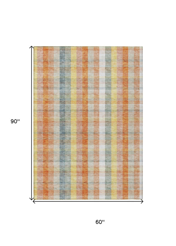 HomeRoots 5' Cozy Peach Ivory and Orange Plaid Area Rug - Machine Washable, Durable for Indoor/Outdoor Use 5' X 8' 613982