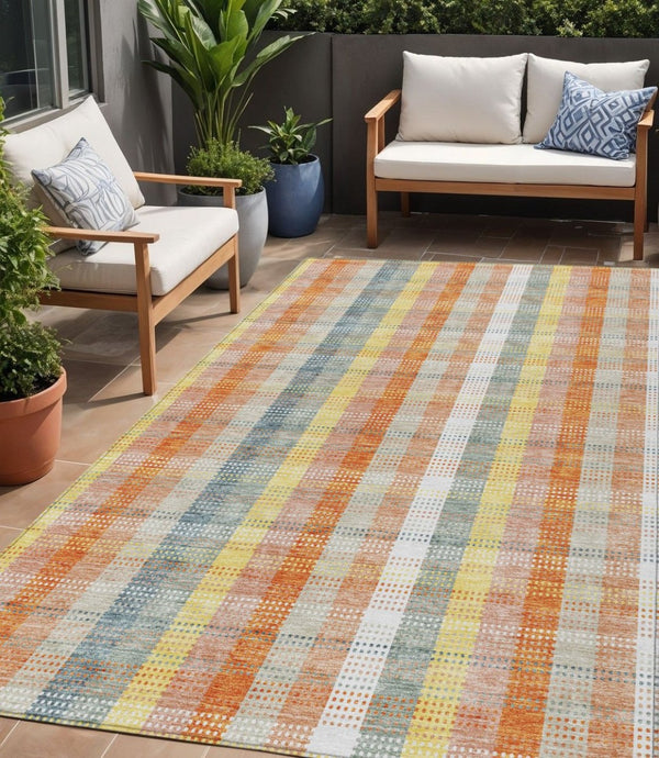 HomeRoots 5' Cozy Peach Ivory and Orange Plaid Area Rug - Machine Washable, Durable for Indoor/Outdoor Use 5' X 8' 613982