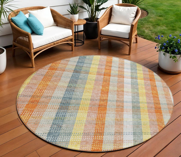 HomeRoots 5' Cozy Peach Ivory and Orange Plaid Area Rug - Machine Washable, Durable for Indoor/Outdoor Use 8' Round 613983