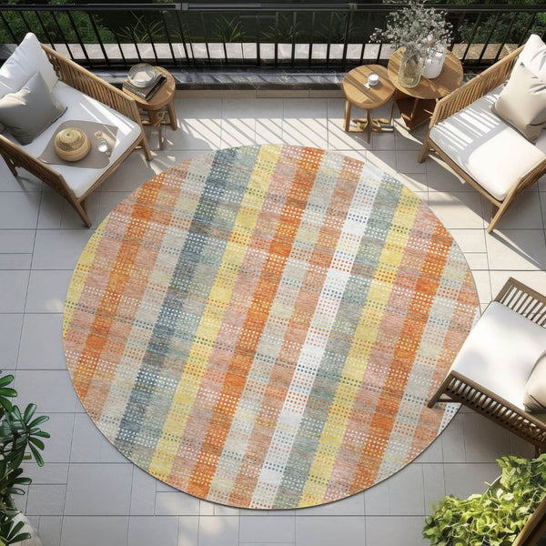HomeRoots 5' Cozy Peach Ivory and Orange Plaid Area Rug - Machine Washable, Durable for Indoor/Outdoor Use 8' Round 613983