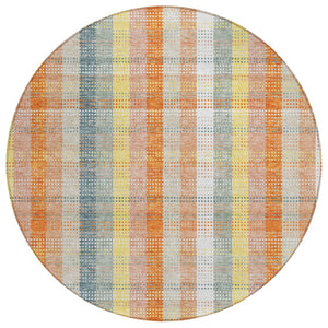 HomeRoots 5' Cozy Peach Ivory and Orange Plaid Area Rug - Machine Washable, Durable for Indoor/Outdoor Use 8' Round 613983