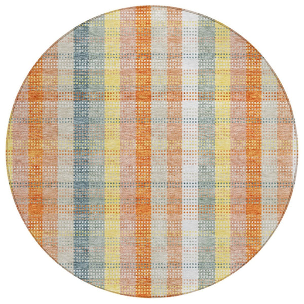 HomeRoots 5' Cozy Peach Ivory and Orange Plaid Area Rug - Machine Washable, Durable for Indoor/Outdoor Use 8' Round 613983