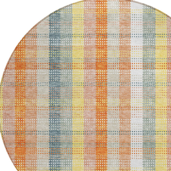 HomeRoots 5' Cozy Peach Ivory and Orange Plaid Area Rug - Machine Washable, Durable for Indoor/Outdoor Use 8' Round 613983