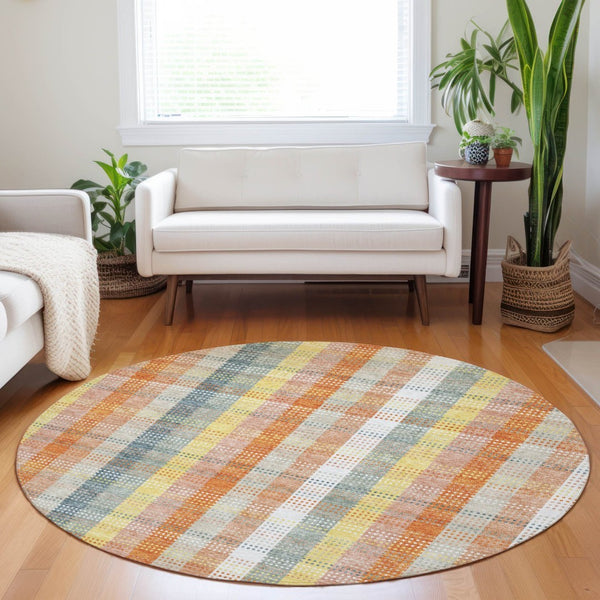 HomeRoots 5' Cozy Peach Ivory and Orange Plaid Area Rug - Machine Washable, Durable for Indoor/Outdoor Use 8' Round 613983
