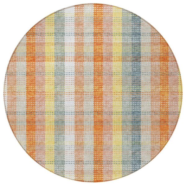 HomeRoots 5' Cozy Peach Ivory and Orange Plaid Area Rug - Machine Washable, Durable for Indoor/Outdoor Use 8' Round 613983