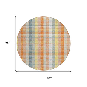 HomeRoots 5' Cozy Peach Ivory and Orange Plaid Area Rug - Machine Washable, Durable for Indoor/Outdoor Use 8' Round 613983