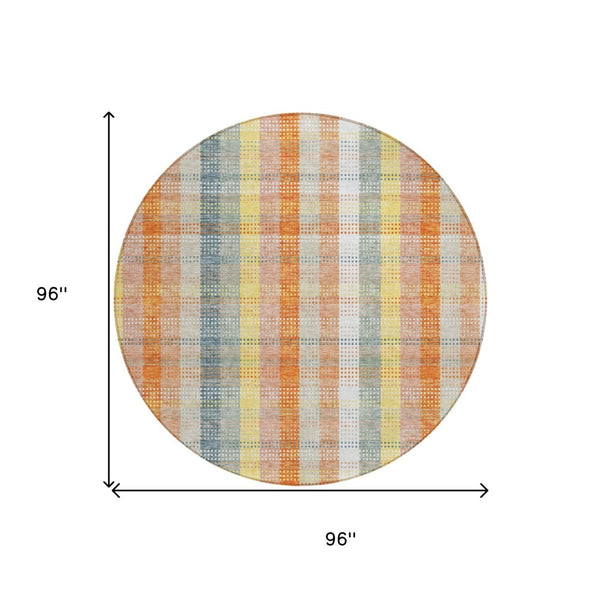 HomeRoots 5' Cozy Peach Ivory and Orange Plaid Area Rug - Machine Washable, Durable for Indoor/Outdoor Use 8' Round 613983