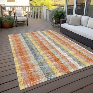HomeRoots 5' Cozy Peach Ivory and Orange Plaid Area Rug - Machine Washable, Durable for Indoor/Outdoor Use 8' X 10' 613984