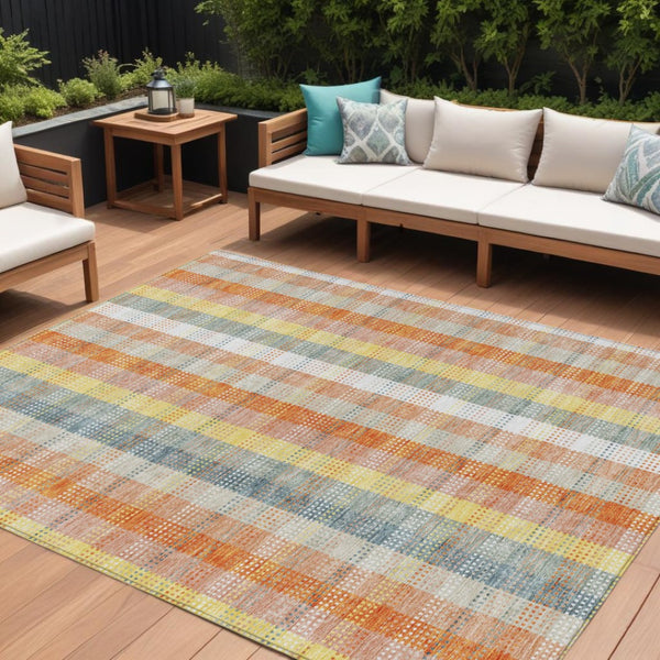 HomeRoots 5' Cozy Peach Ivory and Orange Plaid Area Rug - Machine Washable, Durable for Indoor/Outdoor Use 9' X 12' 613985