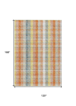 HomeRoots 5' Cozy Peach Ivory and Orange Plaid Area Rug - Machine Washable, Durable for Indoor/Outdoor Use 10' X 14' 613986