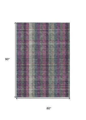 HomeRoots 5' Stylish Plum Eggplant and Gray Plaid Washable Area Rug for Indoor and Outdoor Durability 5' X 8' 613988