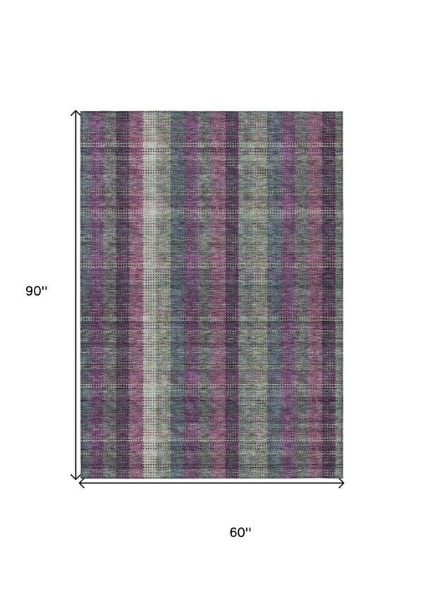 HomeRoots 5' Stylish Plum Eggplant and Gray Plaid Washable Area Rug for Indoor and Outdoor Durability 5' X 8' 613988
