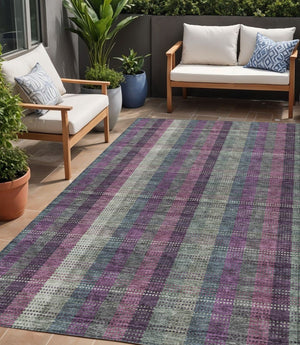 HomeRoots 5' Stylish Plum Eggplant and Gray Plaid Washable Area Rug for Indoor and Outdoor Durability 5' X 8' 613988