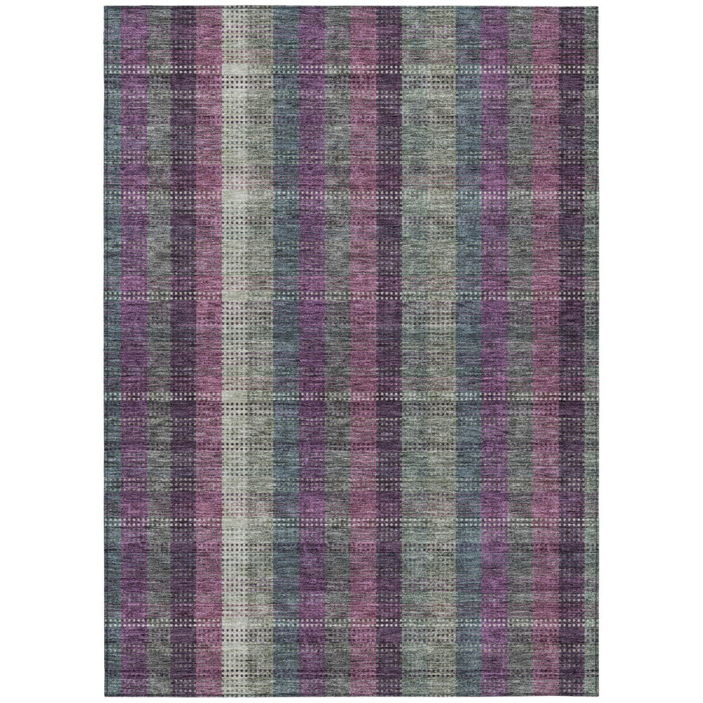 HomeRoots 5' Stylish Plum Eggplant and Gray Plaid Washable Area Rug for Indoor and Outdoor Durability 5' X 8' 613988