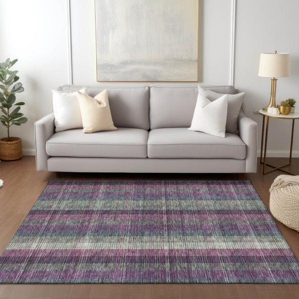 HomeRoots 5' Stylish Plum Eggplant and Gray Plaid Washable Area Rug for Indoor and Outdoor Durability 5' X 8' 613988