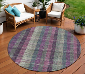 HomeRoots 5' Stylish Plum Eggplant and Gray Plaid Washable Area Rug for Indoor and Outdoor Durability 8' Round 613989