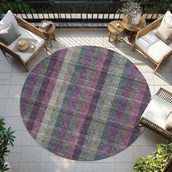HomeRoots 5' Stylish Plum Eggplant and Gray Plaid Washable Area Rug for Indoor and Outdoor Durability 8' Round 613989