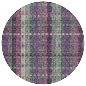 HomeRoots 5' Stylish Plum Eggplant and Gray Plaid Washable Area Rug for Indoor and Outdoor Durability 8' Round 613989