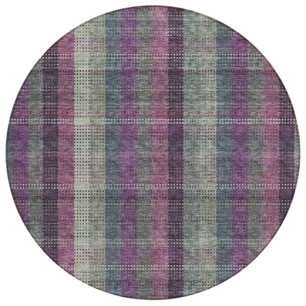 HomeRoots 5' Stylish Plum Eggplant and Gray Plaid Washable Area Rug for Indoor and Outdoor Durability 8' Round 613989
