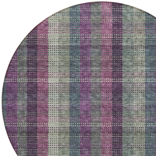 HomeRoots 5' Stylish Plum Eggplant and Gray Plaid Washable Area Rug for Indoor and Outdoor Durability 8' Round 613989