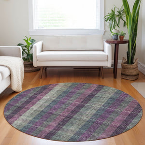 HomeRoots 5' Stylish Plum Eggplant and Gray Plaid Washable Area Rug for Indoor and Outdoor Durability 8' Round 613989