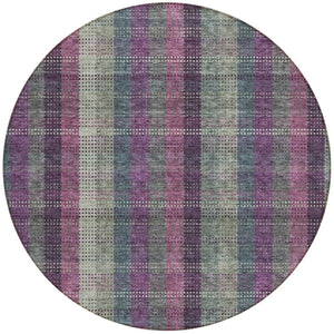 HomeRoots 5' Stylish Plum Eggplant and Gray Plaid Washable Area Rug for Indoor and Outdoor Durability 8' Round 613989