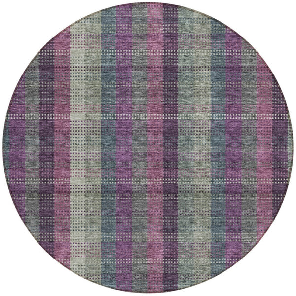 HomeRoots 5' Stylish Plum Eggplant and Gray Plaid Washable Area Rug for Indoor and Outdoor Durability 8' Round 613989