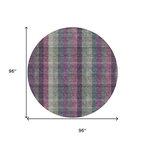 HomeRoots 5' Stylish Plum Eggplant and Gray Plaid Washable Area Rug for Indoor and Outdoor Durability 8' Round 613989