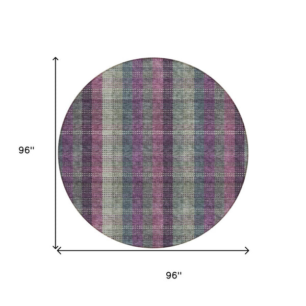 HomeRoots 5' Stylish Plum Eggplant and Gray Plaid Washable Area Rug for Indoor and Outdoor Durability 8' Round 613989