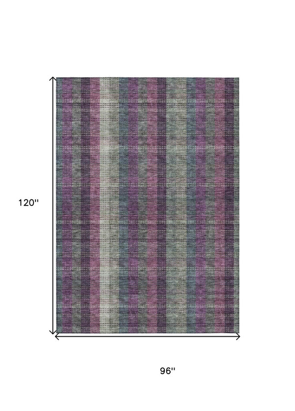 HomeRoots 5' Stylish Plum Eggplant and Gray Plaid Washable Area Rug for Indoor and Outdoor Durability 8' X 10' 613990