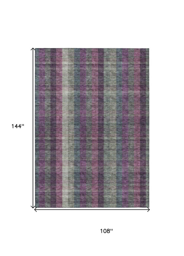 HomeRoots 5' Stylish Plum Eggplant and Gray Plaid Washable Area Rug for Indoor and Outdoor Durability 9' X 12' 613991