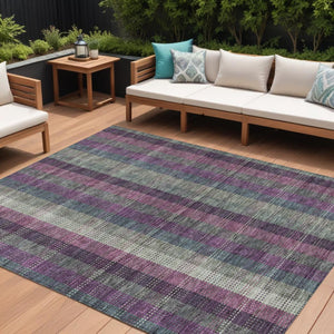 HomeRoots 5' Stylish Plum Eggplant and Gray Plaid Washable Area Rug for Indoor and Outdoor Durability 9' X 12' 613991