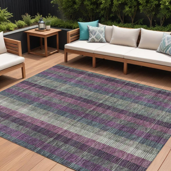HomeRoots 5' Stylish Plum Eggplant and Gray Plaid Washable Area Rug for Indoor and Outdoor Durability 9' X 12' 613991