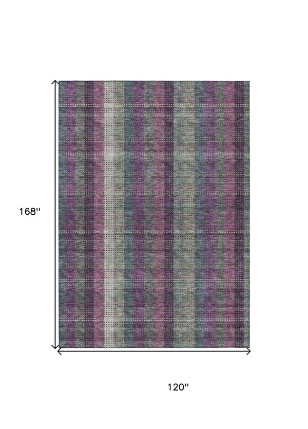 HomeRoots 5' Stylish Plum Eggplant and Gray Plaid Washable Area Rug for Indoor and Outdoor Durability 10' X 14' 613992
