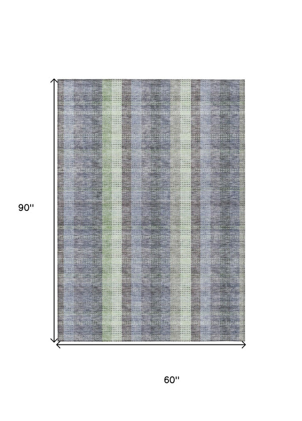 HomeRoots 5' Stylish Pewter Gray and Mint Green Plaid Washable Area Rug for Indoor and Outdoor Spaces 5' X 8' 613994