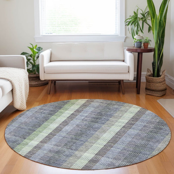 HomeRoots 5' Stylish Pewter Gray and Mint Green Plaid Washable Area Rug for Indoor and Outdoor Spaces 8' Round 613995