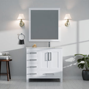 English Elm White 36 in. Bath Vanity with Carrara Marble Right-Offset Top, Soft-Close Drawers & Chrome Faucet Set B2731P259018
