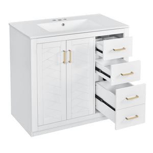 English Elm 36'' Bathroom Vanity with Ceramic Sink Combo Solid Wood Frame Soft-Closing Drawers Ample Storage Elegance White N710P243327K