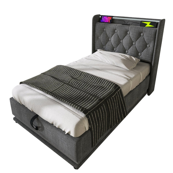 English Elm Twin Upholstered Bed with Hydraulic Storage, Surround LED, App/Remote Control & USB Type-C Charging Gray N736P188805G