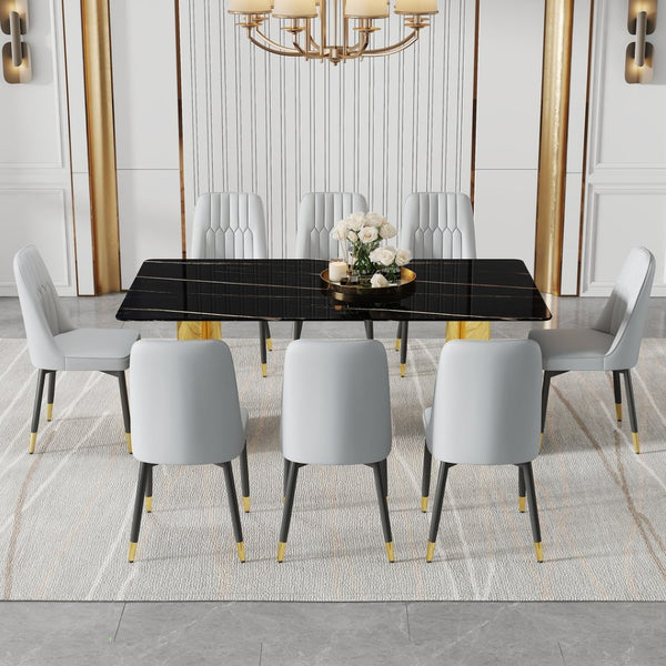 English Elm Table Set With Glass Top & Imitation Marble, 8 Light Gray Chairs - Elegant Dining Ensemble For All W1151S04335-GIGA