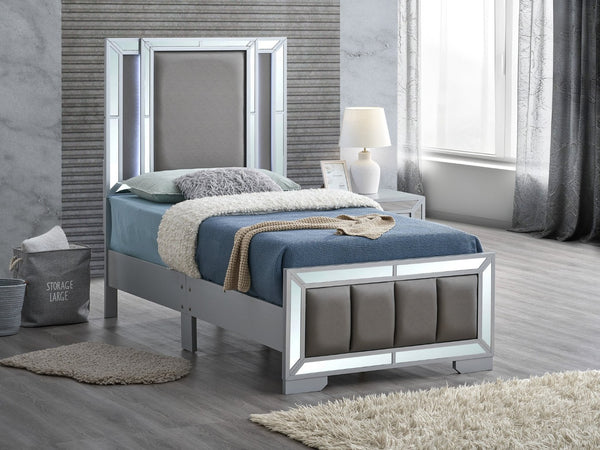 English Elm Murry Twin Platform Bed with Led Backlit Faux Leather Headboard and Mirror Panels B078S00650