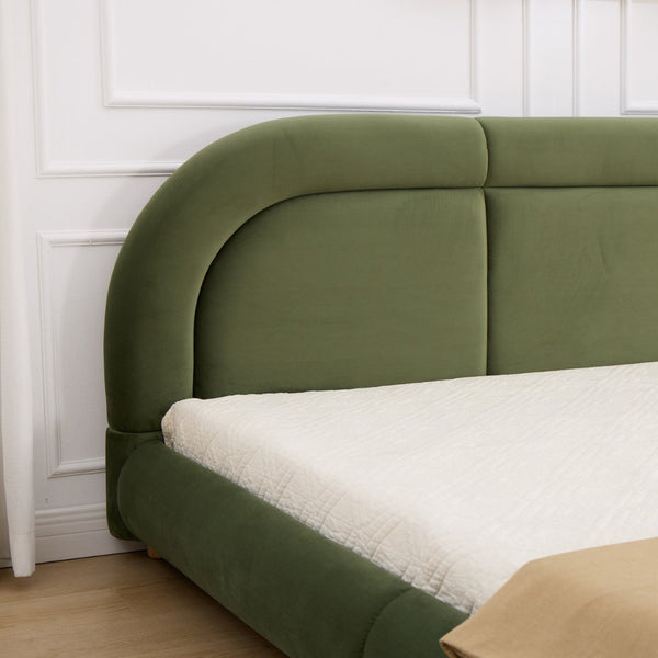 English Elm King Curved Velvet Upholstered Low Profile Platform Bed Sculpted Headboard Modern Green W5632P452163