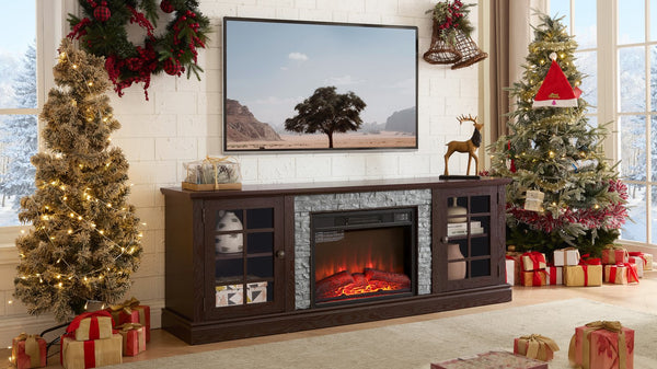 English Elm 70" Modern TV Stand with 23" Electric Fireplace, Faux Stone Mantel, Ample Storage & Cable Management Cherry W2275S00023