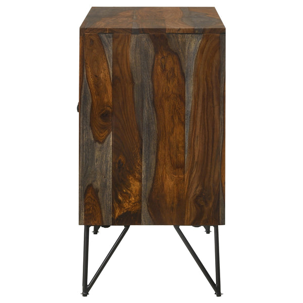 English Elm Komomo Sheesham Grey Buffet Cabinet with 1 Adjustable Shelf, Oatmeal Gold Accents & Dimmer Lighting B062P344888