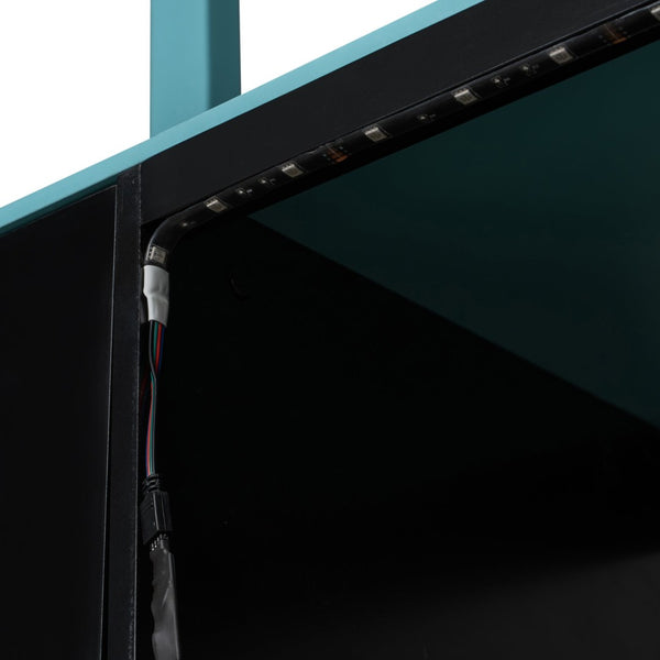 English Elm Full Size Gaming Loft Bed with Led Lighting Desk Drawers and Display Shelving Blue LT000263AAC